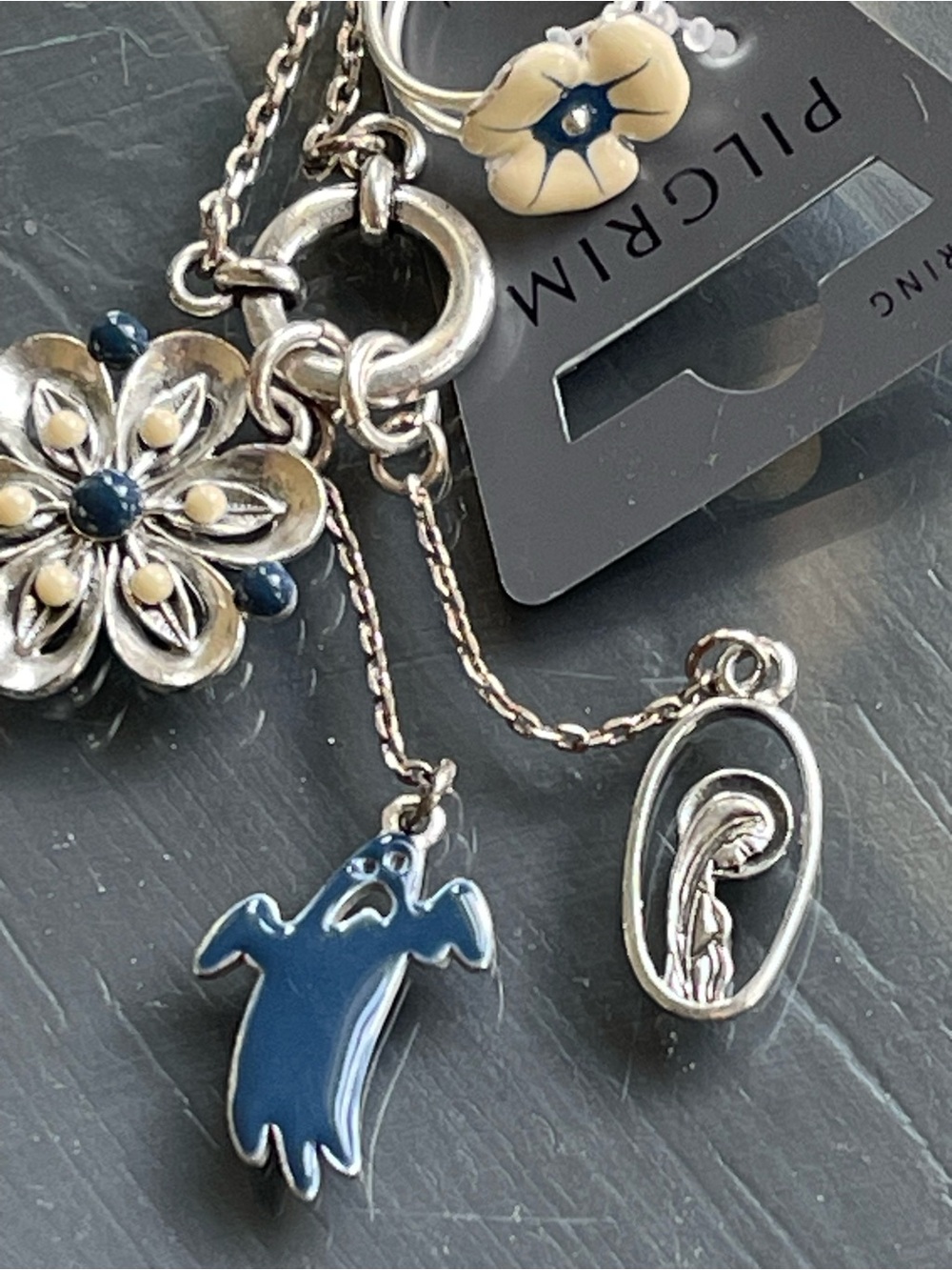 Pilgrim Navy Blue Charm Necklace with Floral and Ghost Charms